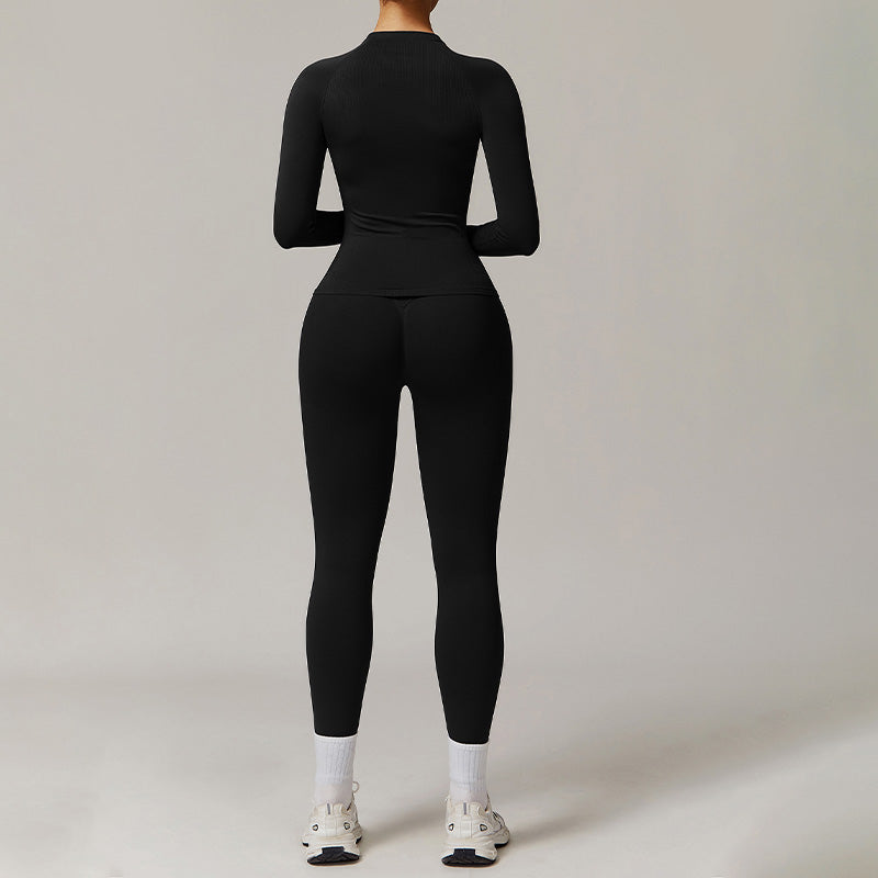 Threaded seamless long-sleeved top+ tight leggings 2 pieces set