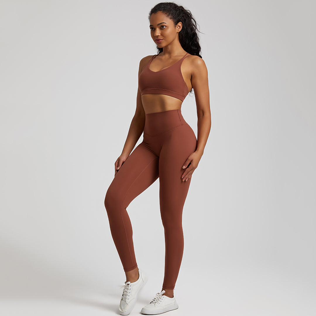 high elastic back cross over bra+sports leggings 2-piece set