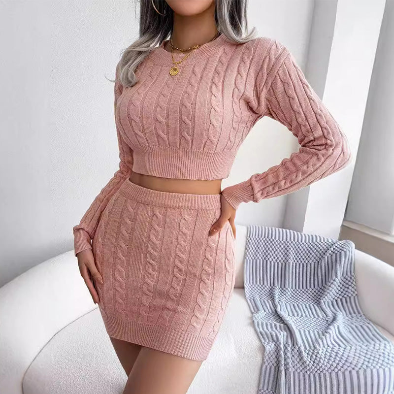 Casual cropped sweater and hip knitted skirts set