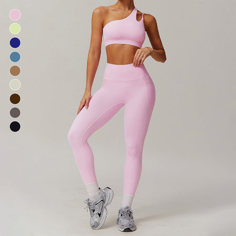 Quick-dry one shoulder sports bra + High waist leggings 2 pieces set