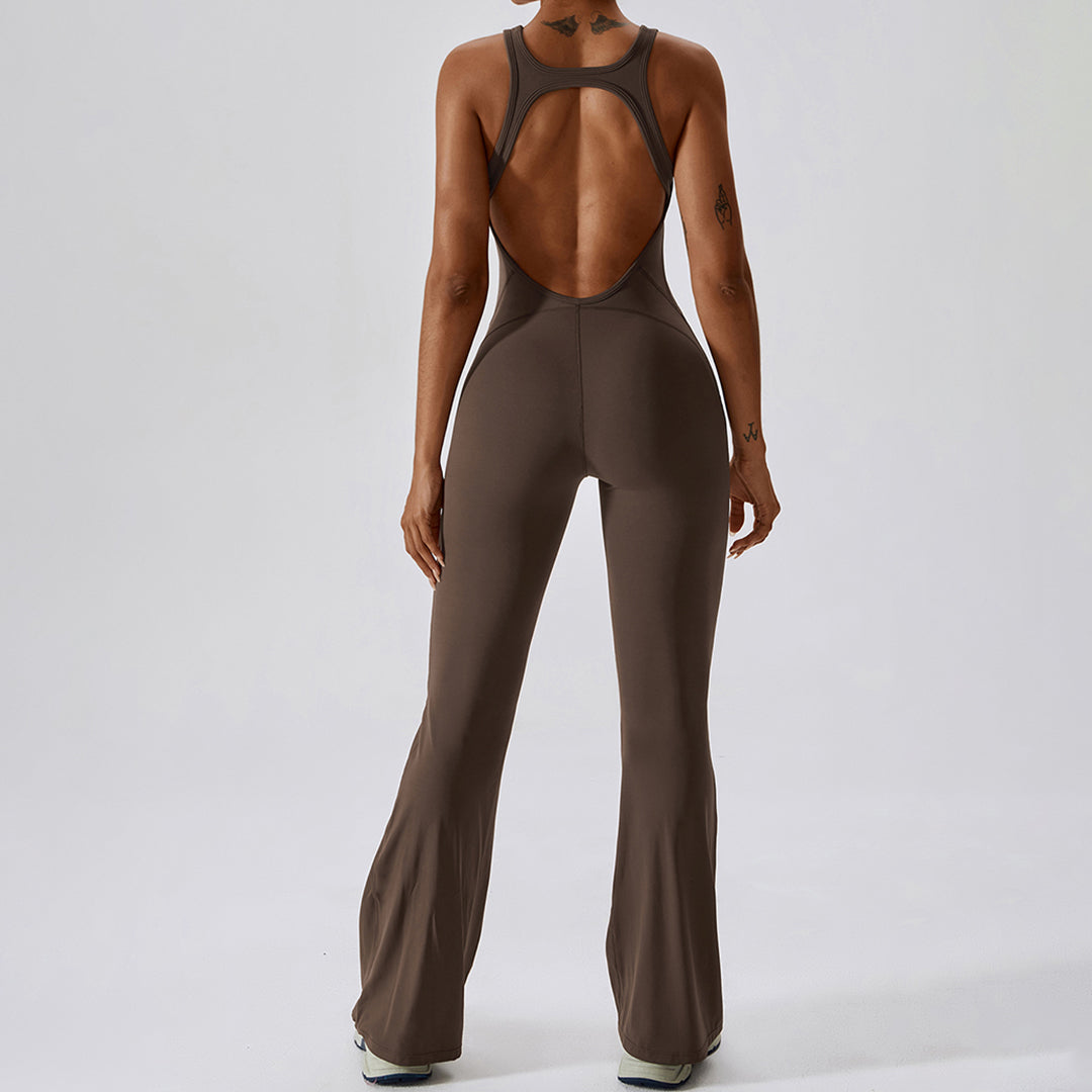 Solid flared trousers cutout back jumpsuit