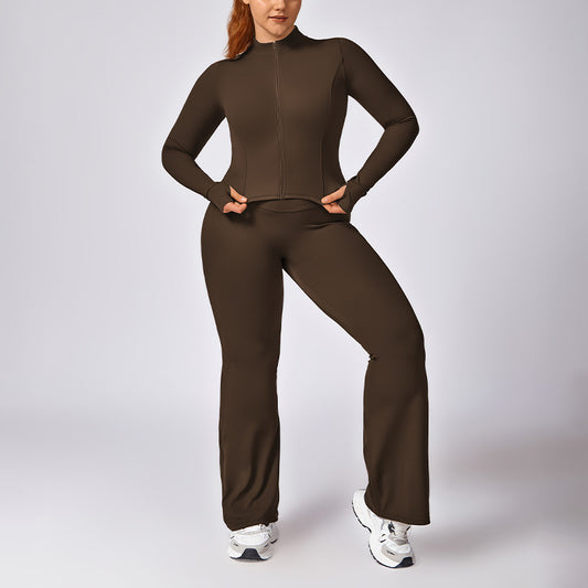 Plus Size Quick Dry Zip-up Sports Long Sleeve + Flared Leg Pant 2-piece set