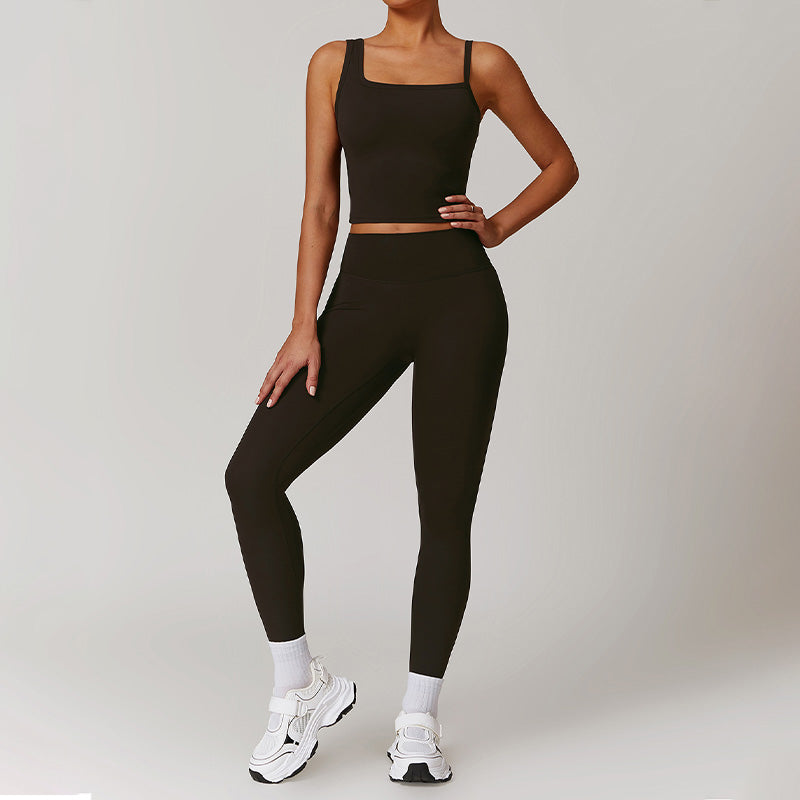 Brushed Asymmetric straps sports tank top + High-waist leggings 2-piece set