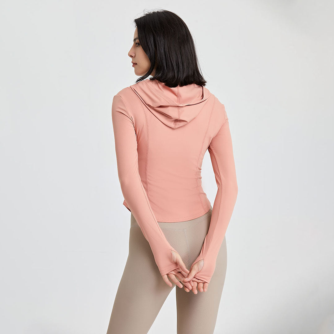 Solid cropped zip pocket hooded sports top