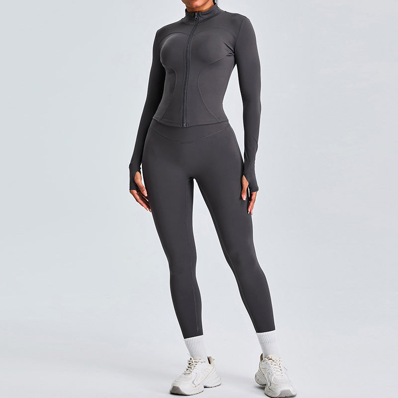 Long Sleeve Full Zipper Fitness Tops + High waist leggings set