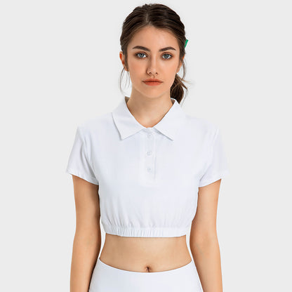 Lapel bottom cinched cropped polo shirt