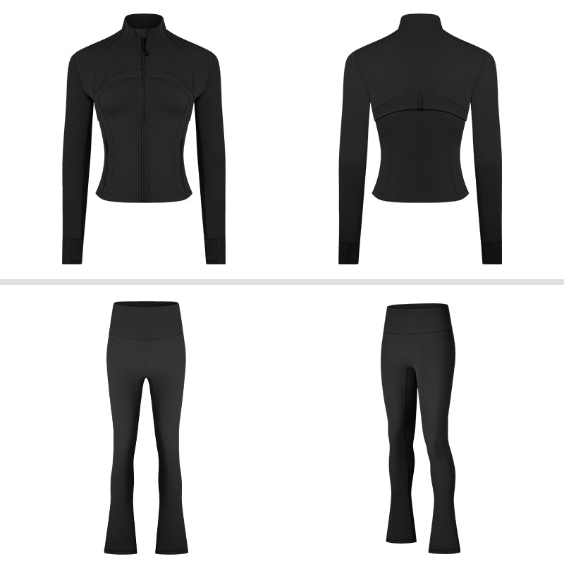 Stand Collar Full Zipper Jacket + High-waisted Flared Leg Pants 2-Piece Set