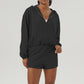 Fitness Loose Zipper Hooded Long Sleeve Sweatshirt + Shorts Set