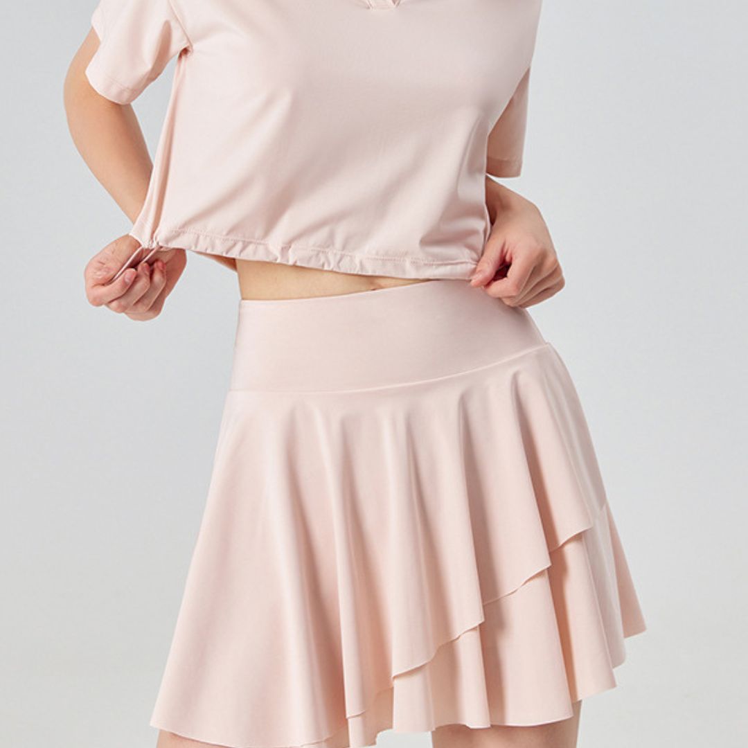 Solid color lapel sport short sleeve top & short skirt 2-piece set