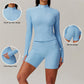 Long sleeve and half zipper top + High-waisted shorts 2-piece set