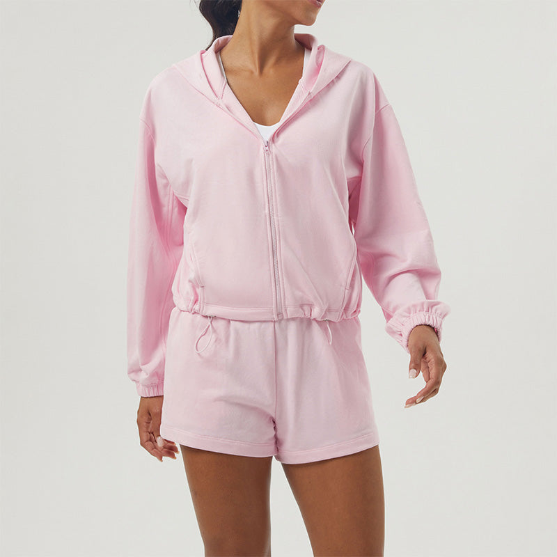 Fitness Loose Zipper Hooded Long Sleeve Sweatshirt + Shorts Set