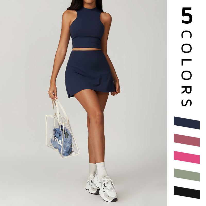 Solid Color Wide Strap Sports Tank Top + Skirts 2-piece Set