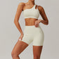 Quick-dry one shoulder sports bra + High waist shorts 2-piece set