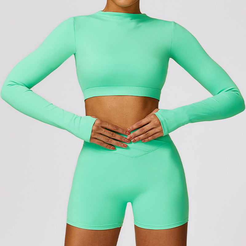 Quick-Dry long sleeve sports crop top + High waist shorts 2-pieces set