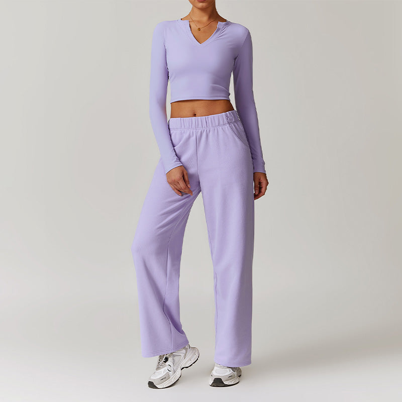 Casual high-waisted straight leg sweatpants and slimming long-sleeved Set