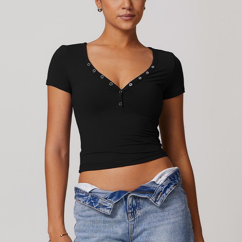 Breathable Buttons V Neck Short Sleeve Crop Top