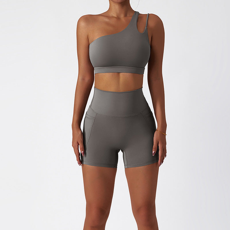 Quick-dry one shoulder sports bra + High waist shorts 2-piece set