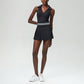 Stand neck high-waist sports tennis fitness skirt 2-piece set