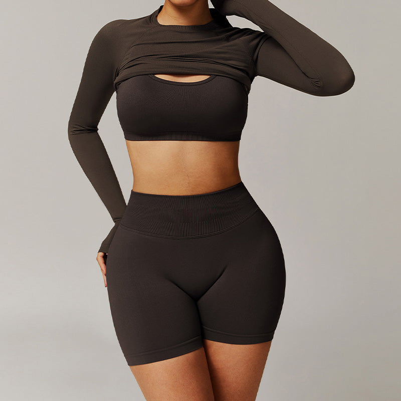 Threaded seamless long-sleeved top+bra+ high waist shorts 3 pieces set