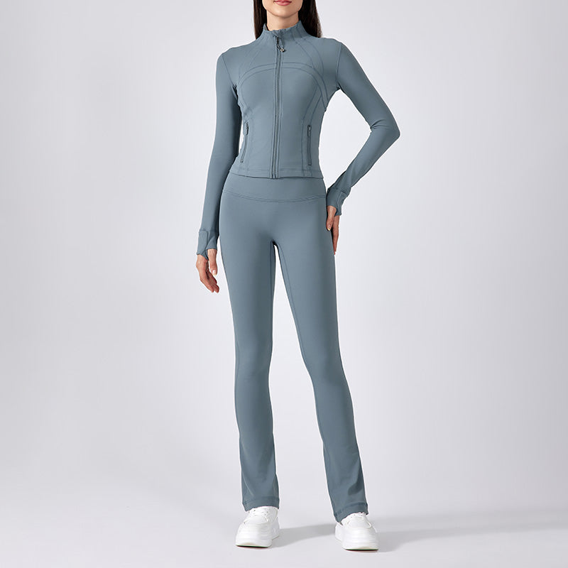 Stand Collar Full Zipper Jacket + High-waisted Flared Leg Pants 2-Piece Set