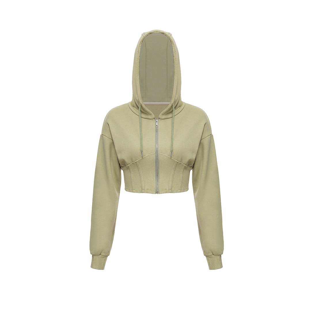 Casual Drawstring Zip Cropped Sports Hooded Jacket