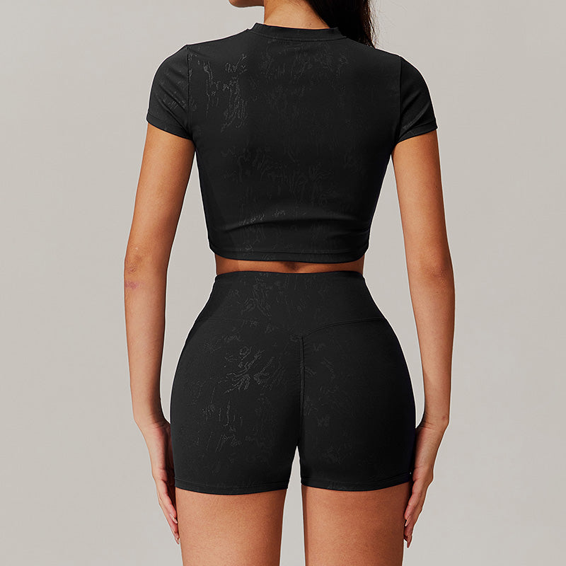 stand-up collar crop top + High-waisted shorts 2-piece set