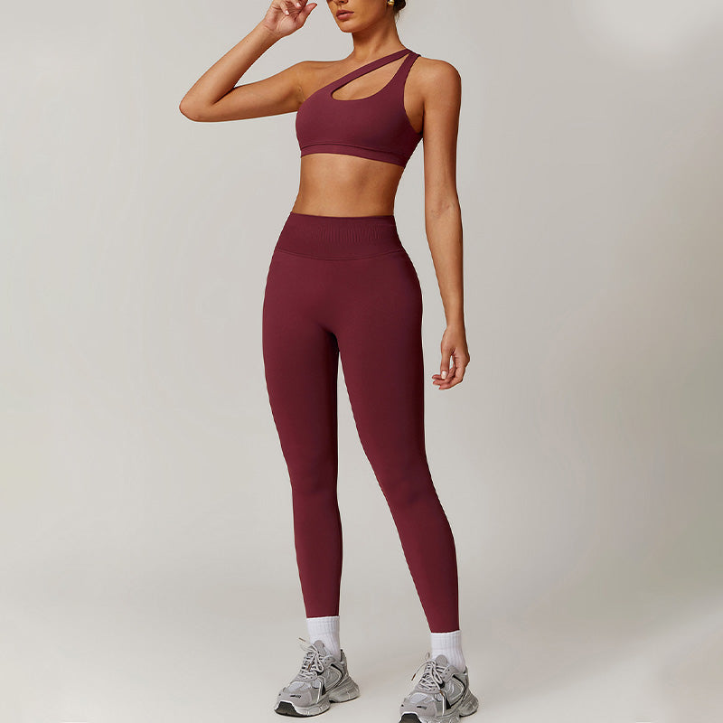 Nude Hollow out Fitness Bra + High waist leggings 2-pieces set