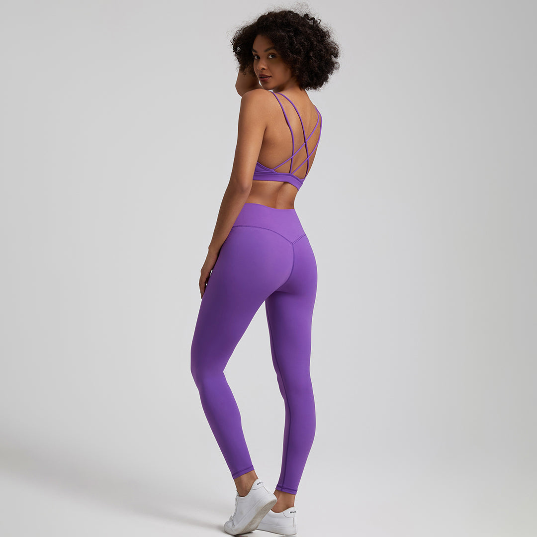 high elastic back cross over bra+sports leggings 2-piece set