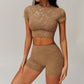 stand-up collar crop top + High-waisted shorts 2-piece set