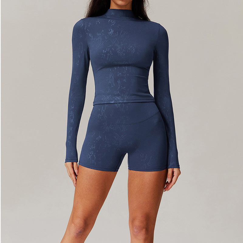 Long sleeve and stand-up collar top + High-waisted shorts 2-piece set