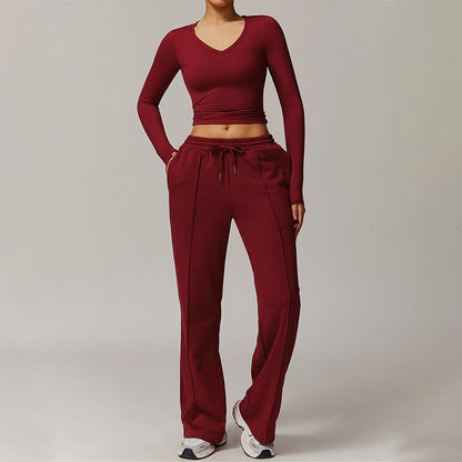 High resilience Long Sleeve V Neck Top+ Casual Straight Leg Sweatpants