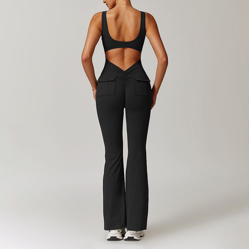 Hollow Back Yoga Jumpsuit with Cargo Pockets