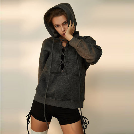 Chest drawstring ties cotton hoodie