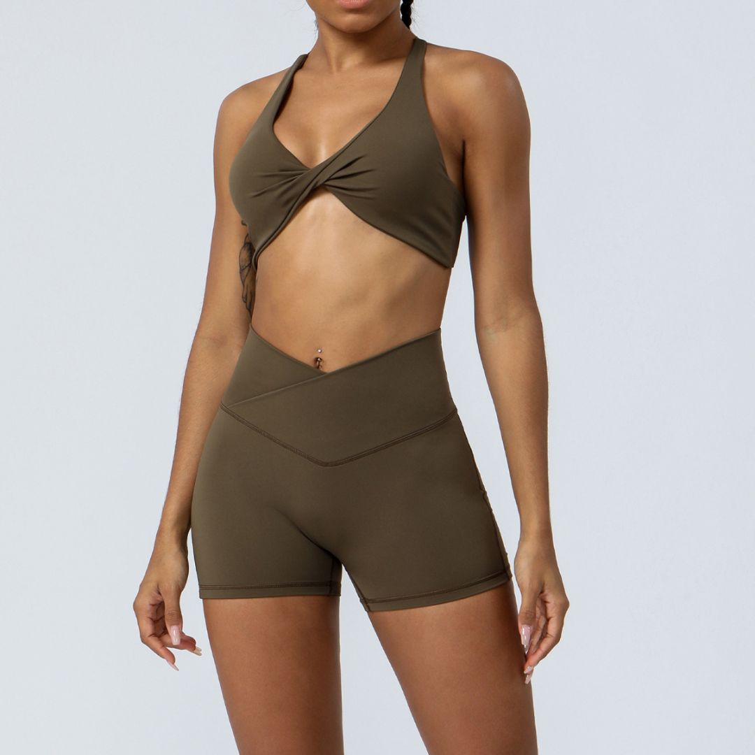 Crossed back high waist fitness 2-piece suit