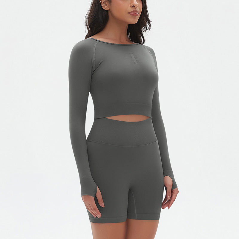 Seamless Sports Long Sleeve Top + High-Waisted Shorts Set