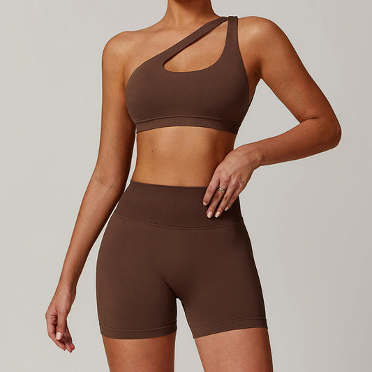 Nude Hollow out Fitness Bra + High waist shorts 2-pieces set