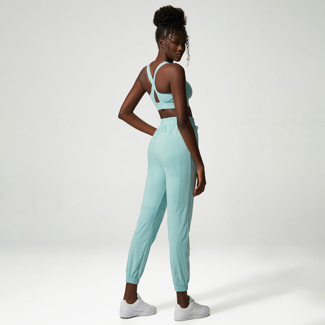 Solid back cross-sport bra + pants two-piece set