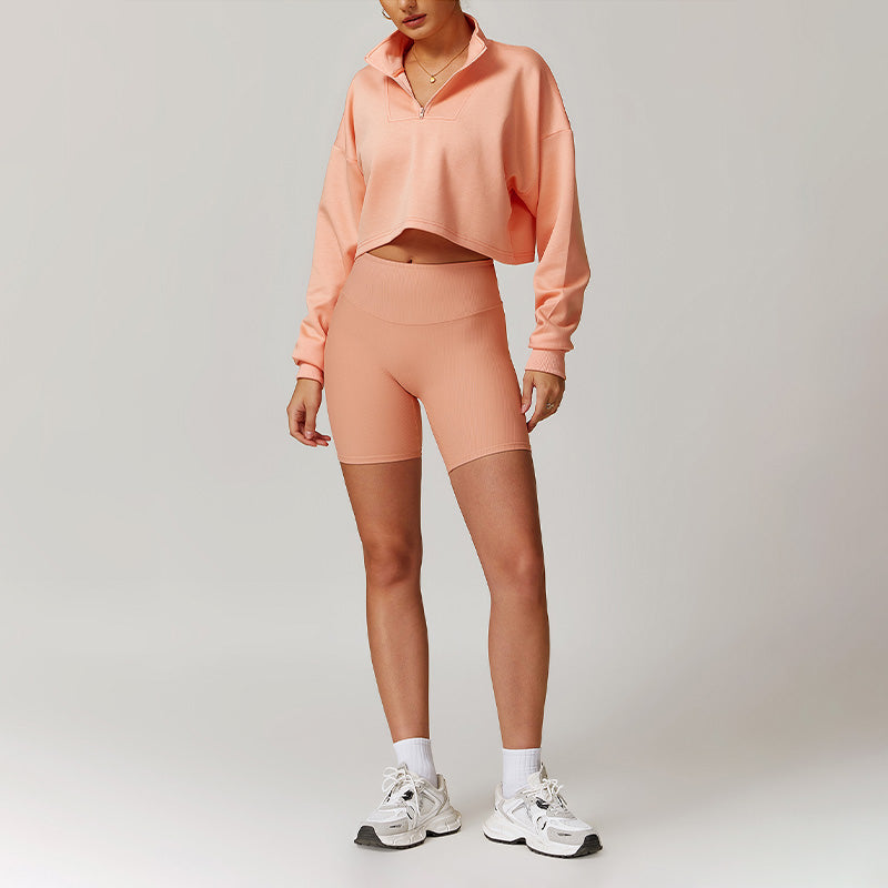 Loose Half Zipper Long Sleeve Sweatshirt + High-Waist Shorts 2-Piece Set