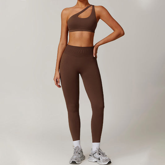 Nude Hollow out Fitness Bra + High waist leggings 2-pieces set