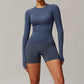 Threaded seamless long-sleeved top+ high waist shorts 2 pieces set