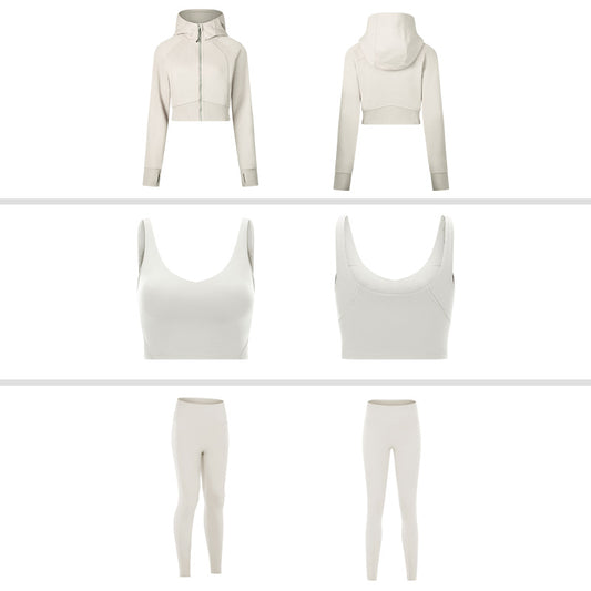 zipper hooded jacket + nude fitness bra + leggings 3-piece set