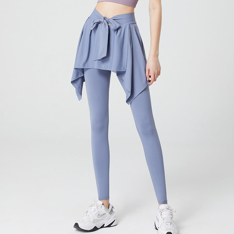 Solid high-rise strappy fake two-piece sports leggings