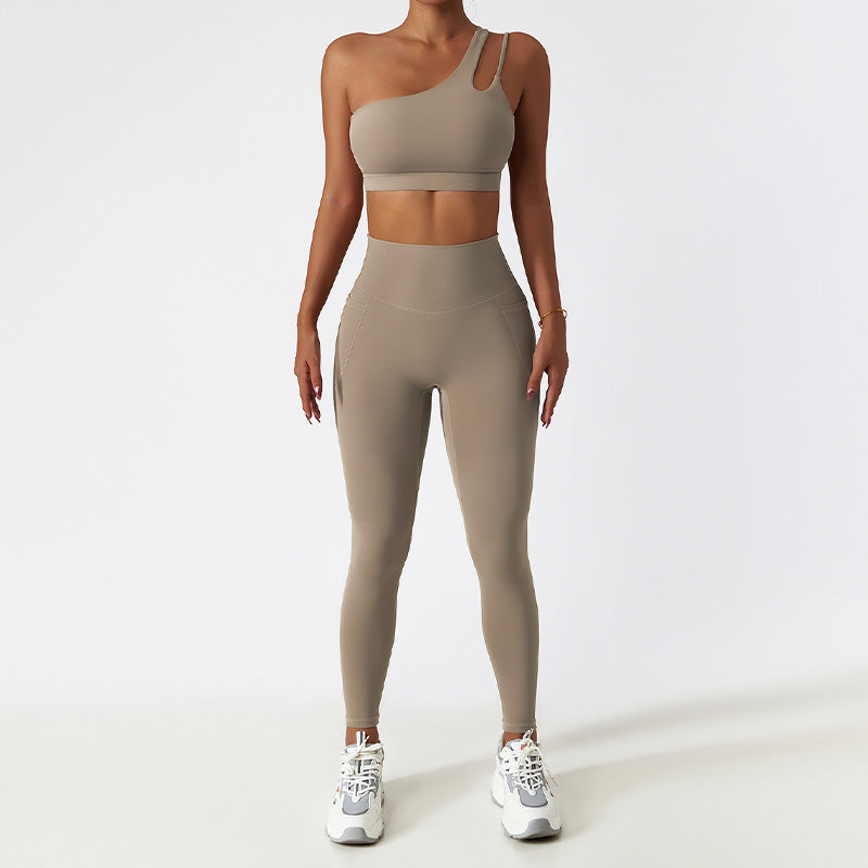 Quick-dry one shoulder sports bra + High waist leggings 2 pieces set