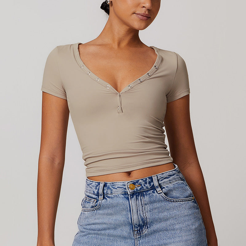 Breathable Buttons V Neck Short Sleeve Crop Top