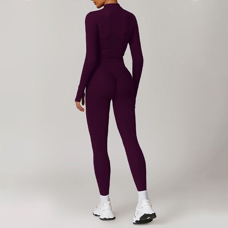 Long Sleeve Full Zipper Fitness jacket + High waist leggings 2-piece set