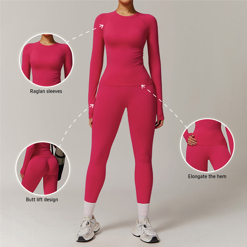 Threaded seamless long-sleeved top+ tight leggings 2 pieces set