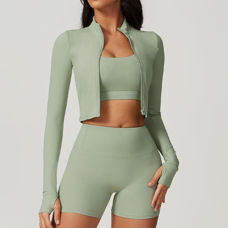 Breathable Yoga Bra + High-waisted Shorts + Jacket 3-piece Set