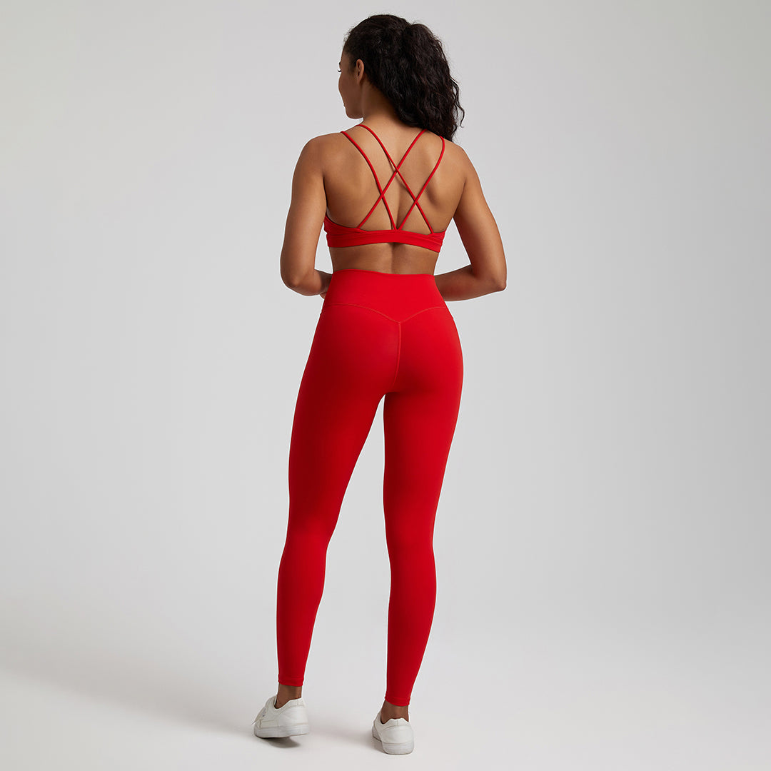 high elastic back cross over bra+sports leggings 2-piece set