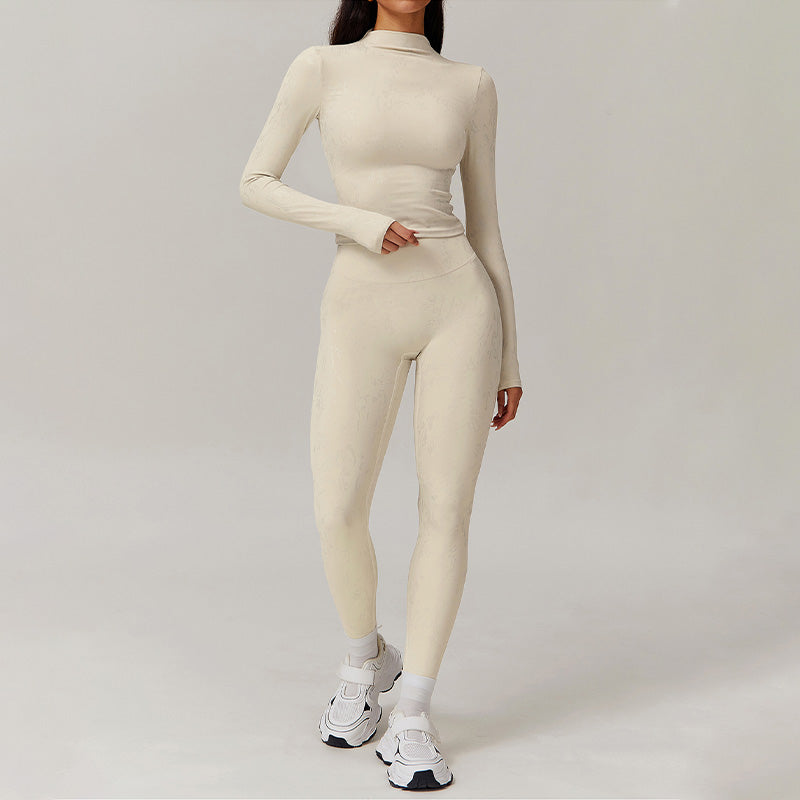 Long sleeve and stand-up collar top + High-waisted leggings 2-piece set