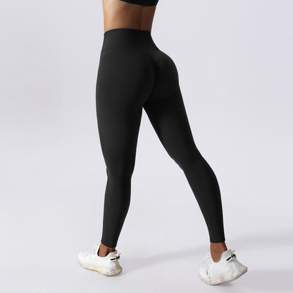 Solid color hip lifting drawstring tie up sports leggings